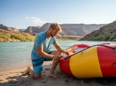 Step-by-Step Hypalon Raft Repair for Whitewater Safety A skilled rafter carefully prepares a Hypalon raft for repair on a sunny riverbank.