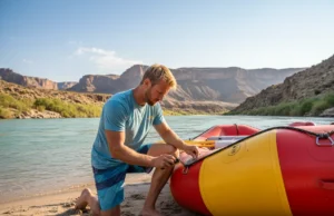 Step-by-Step Hypalon Raft Repair for Whitewater Safety A skilled rafter carefully prepares a Hypalon raft for repair on a sunny riverbank.