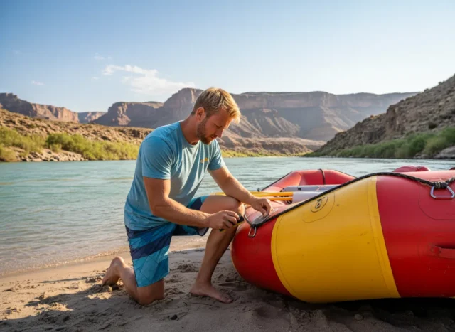 step-by-step-hypalon-raft-repair-for-whitewater-safety A skilled rafter carefully prepares a Hypalon raft for repair on a sunny riverbank.