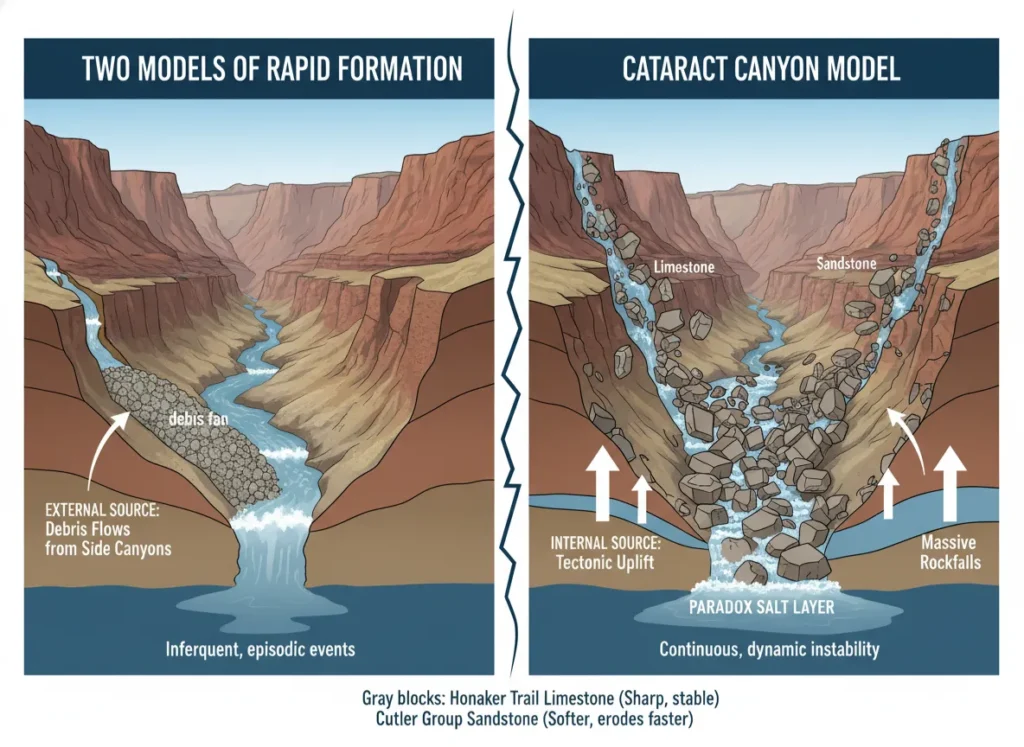 Vertical stratigraphic column illustrating the key geological formations of Cataract Canyon from bottom to top, with colored layers representing ancient environments like shallow seas and coastal deserts, labeled in simple text boxes.
