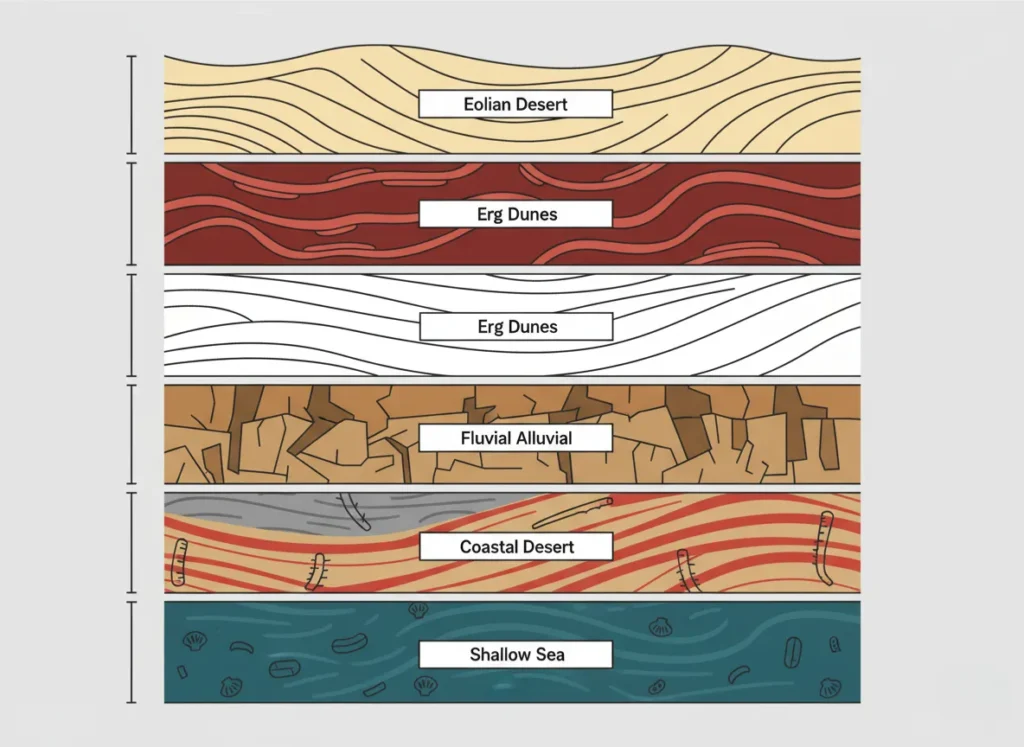 Vertical stratigraphic column illustrating the key geological formations of Cataract Canyon from bottom to top, with colored layers representing ancient environments like shallow seas and coastal deserts, labeled in simple text boxes.