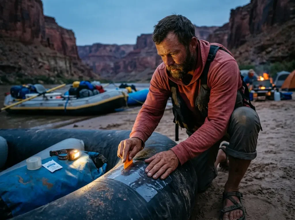 Applying a Tear-Aid Type A field patch to a raft tube at a river camp