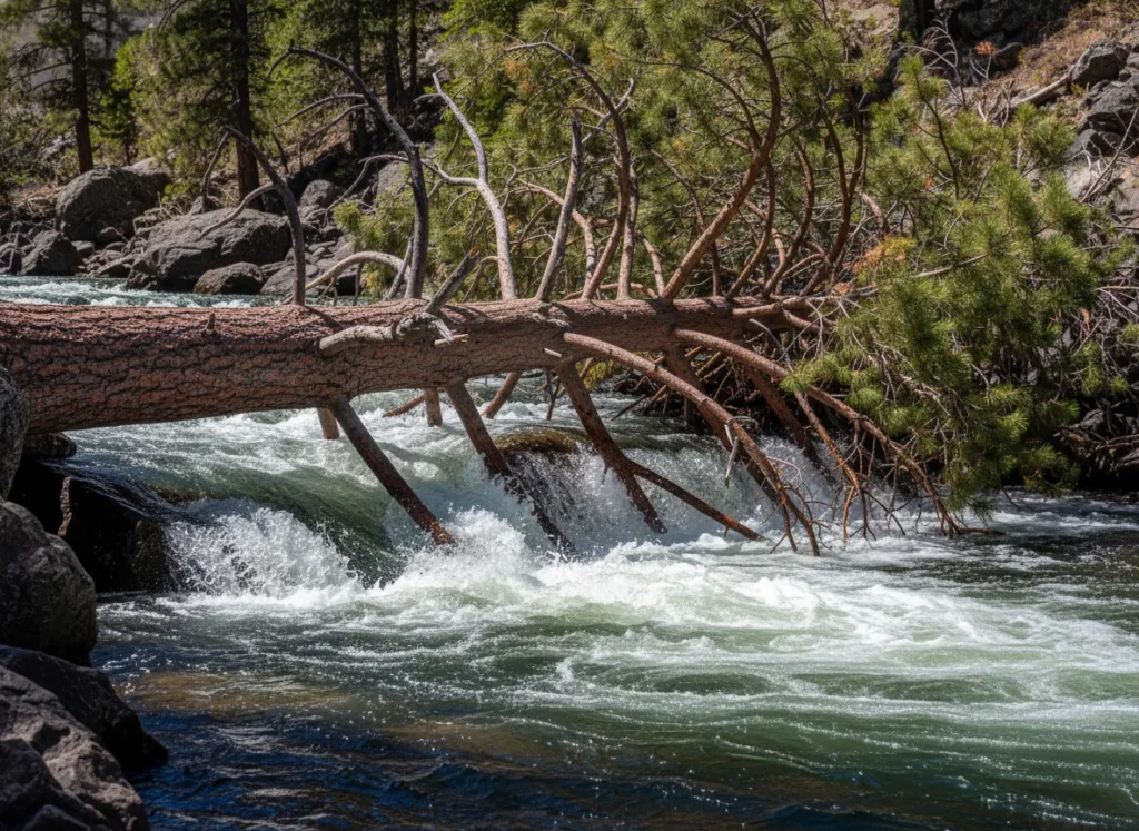 A close-up view of a dangerous river strainer, where the current flows forcefully through the branches of a large fallen tree.