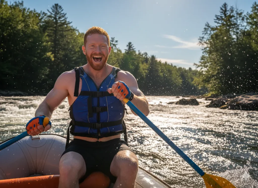 A happy man wearing a recommended pair of rafting gloves confidently rows his raft through sunny whitewater.