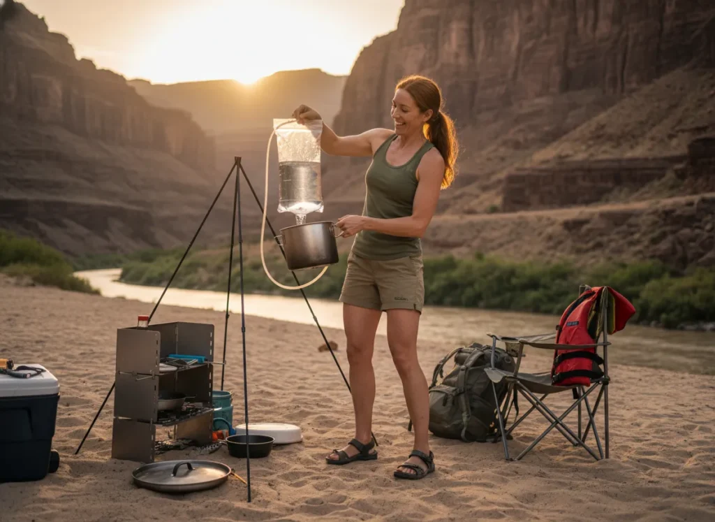 A woman at a river campsite smiles while filling a pot with water from a large gravity filter system.