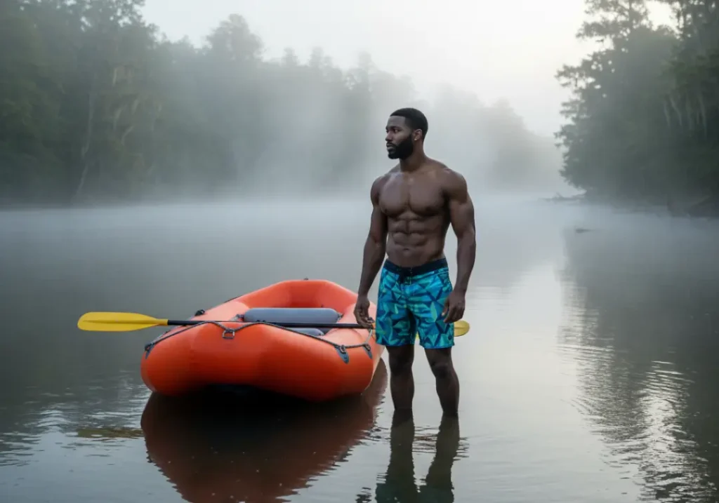 A muscular male river guide stands in the water beside his raft on a misty morning, looking thoughtfully at the river.