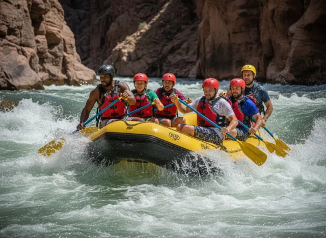the-definitive-rafting-carnage-guide-safety-and-skills A group of rafters led by a skilled guide successfully maneuvering their raft through a large and challenging whitewater rapid in a sunny canyon.