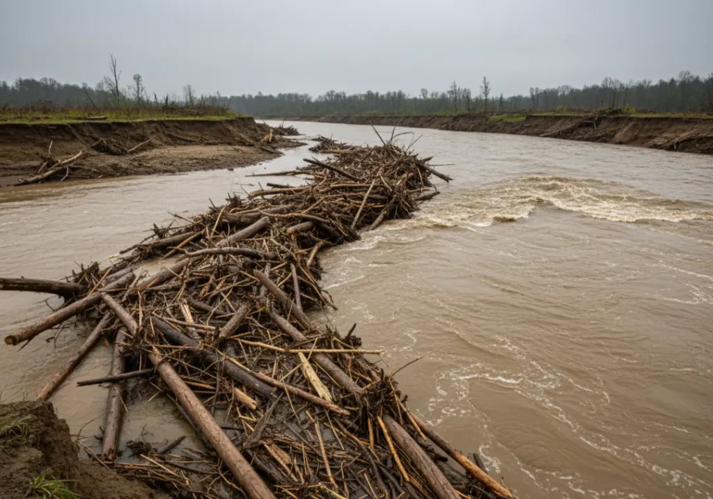 A riverbank after a flood, showing a massive pile of driftwood and debris left behind by high, muddy water.