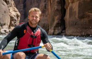 The Essential River Safety Whistle Guide for Rafters A male rafter in a life vest smiles confidently while navigating a rapid, with a safety whistle clearly visible on his shoulder strap.
