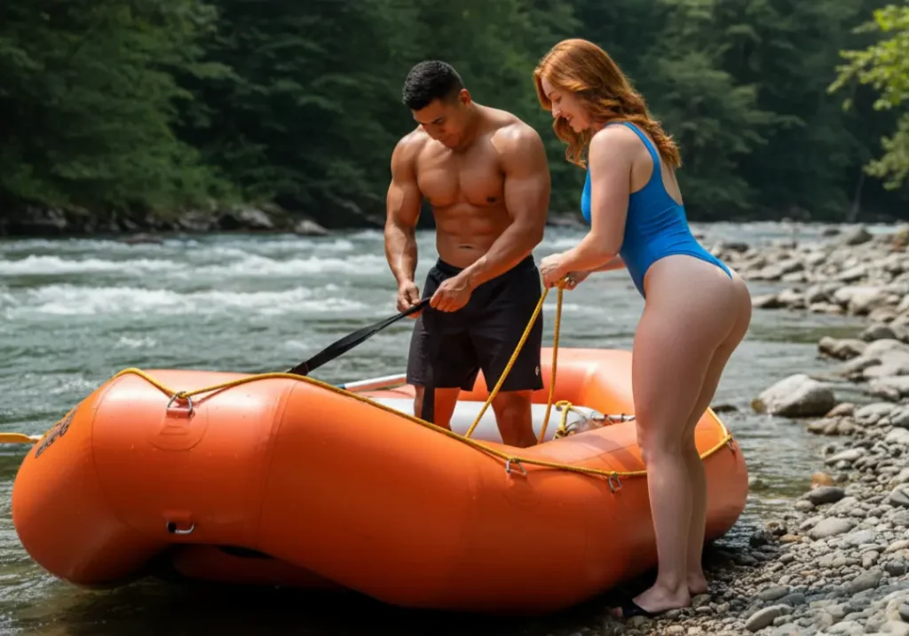 A male and female guide work together to rig their raft on a sunny riverbank, showcasing teamwork and training.