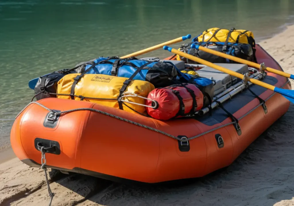 A close-up view of a professionally rigged expedition raft, showcasing neatly organized gear, dry bags, and oars.