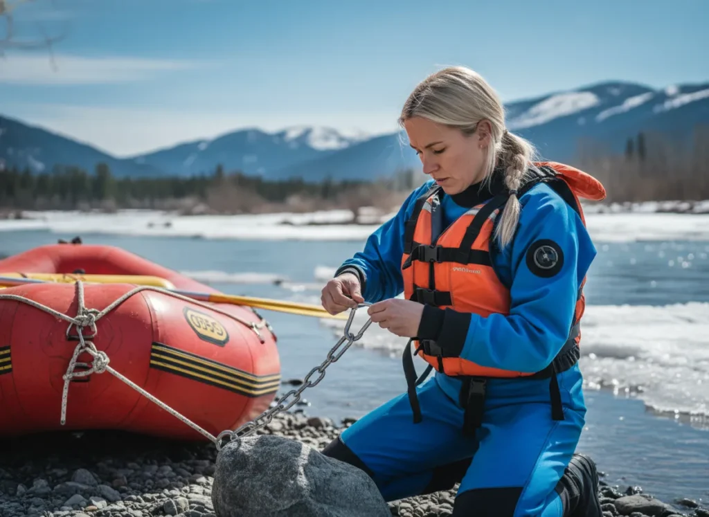 A focused female rafter in a drysuit checks her safety gear on a riverbank during a cool spring day.