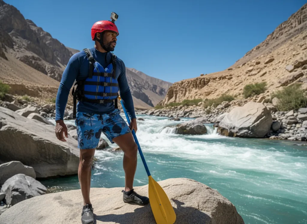 An athletic and confident male rafter in full safety gear stands on a rock, carefully studying a challenging rapid on a Himalayan river.