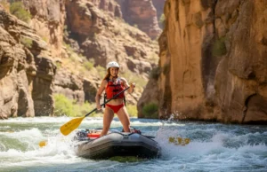 The Rafter’s Guide to the River Rescue Hierarchy A beautiful and athletic female rafter in a red bikini and safety gear, standing on her raft and scouting a challenging rapid in a sunny canyon.