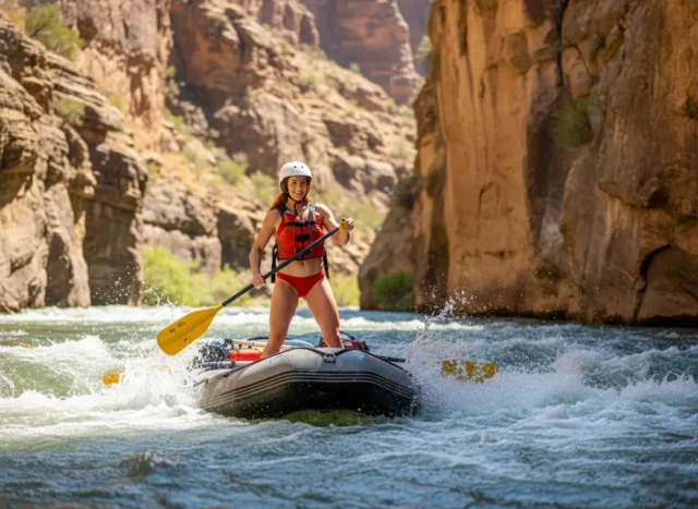 A beautiful and athletic female rafter in a red bikini and safety gear, standing on her raft and scouting a challenging rapid in a sunny canyon.