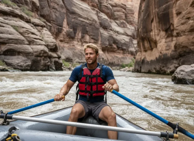 the-science-of-cataract-canyon-geologic-river-guide A male rafter in his early 30s expertly navigates the powerful whitewater rapids of Cataract Canyon, with towering geological formations in the background.