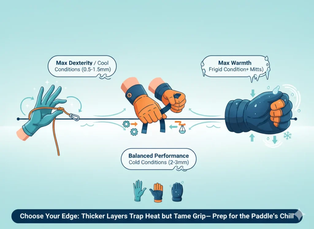 A vibrant horizontal infographic illustrating the trade-off between thermal insulation and dexterity in rafting gloves, shown as a linear spectrum of neoprene thicknesses from 0.5mm to 5mm+, divided into three zones with iconic glove illustrations, dynamic arrows indicating the balance shift, and elegant text containers labeling performance levels for cold water paddling.