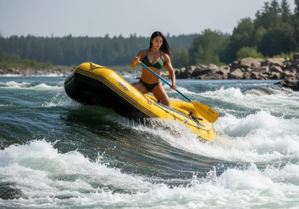 An expert female rafter demonstrates an advanced ferrying technique, using a diagonal wave to move her raft sideways across the river.