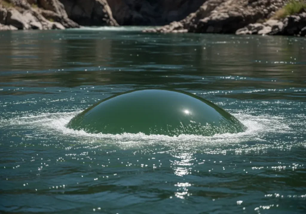 A close-up view of a powerful river boil, showing a distinct mound of upwelling water on the river's surface.