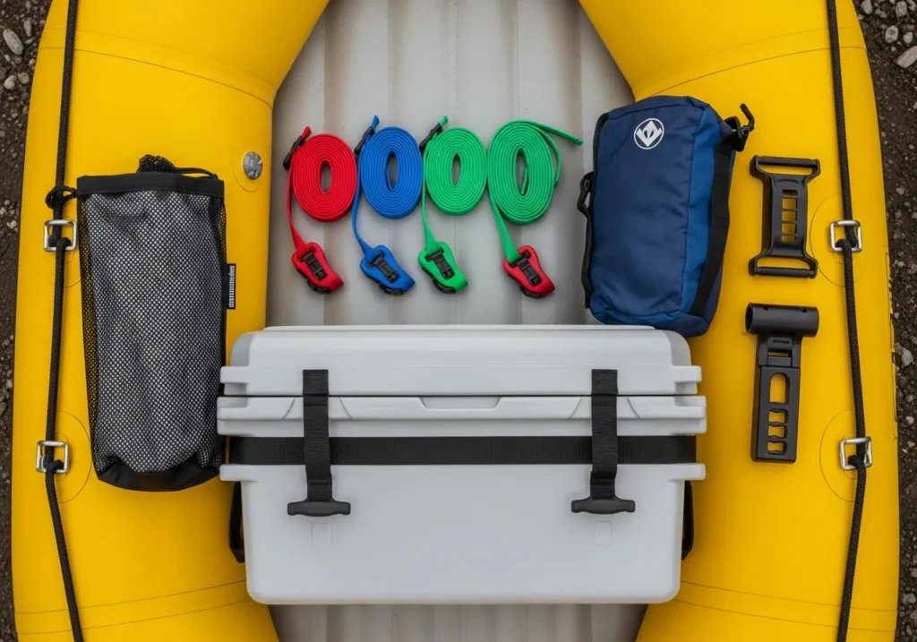An overhead view of core raft rigging components, including a cooler, cam straps, and a drop bag, arranged neatly on a raft floor.