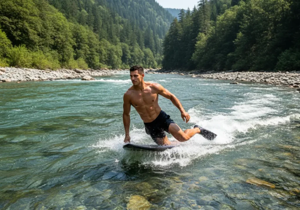 A muscular Latino man in boardshorts powerfully kicking with fins on his riverboard, demonstrating the sport's physical demands in a wide river valley.