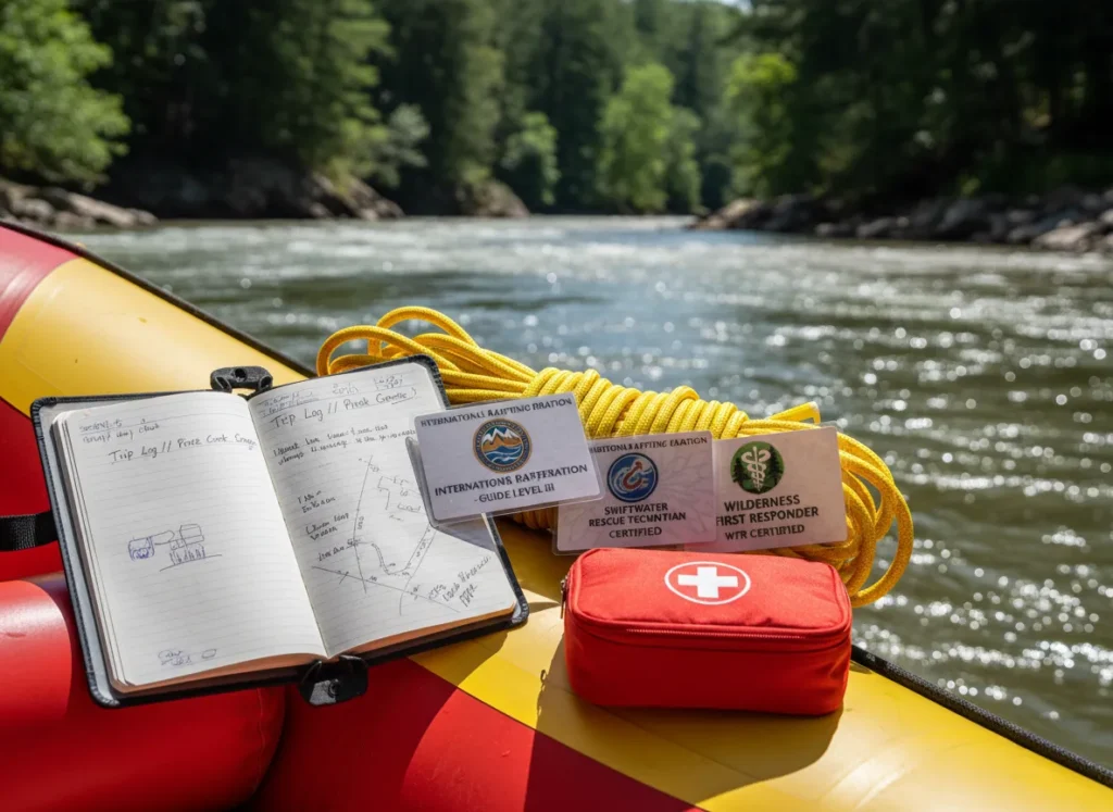 A collection of river guide credentials, including certification cards, a logbook, and rescue gear, arranged on the side of a raft.