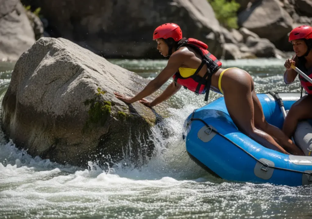 An athletic woman in a bikini and PFD performing a "High-Side" maneuver in a raft to prevent it from wrapping on a rock in a rapid.