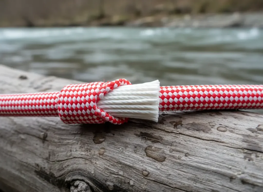 A detailed macro shot of a rescue rope's cross-section, revealing the inner core (kern) and the protective outer sheath (mantle).