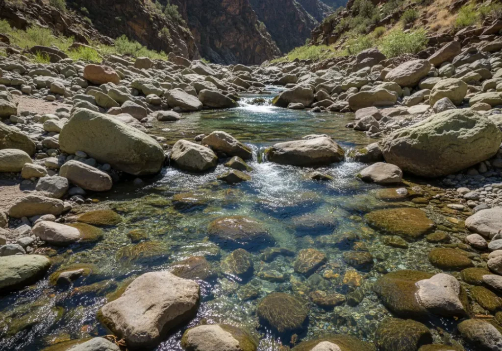 A clear, shallow river choked with exposed rocks and gravel bars, illustrating the challenging conditions of a "bony run."