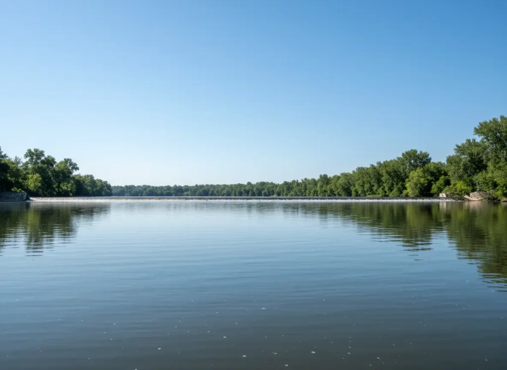 An upstream view of a low-head dam, showing the deceptively calm water flowing over a perfectly straight, man-made horizon line.