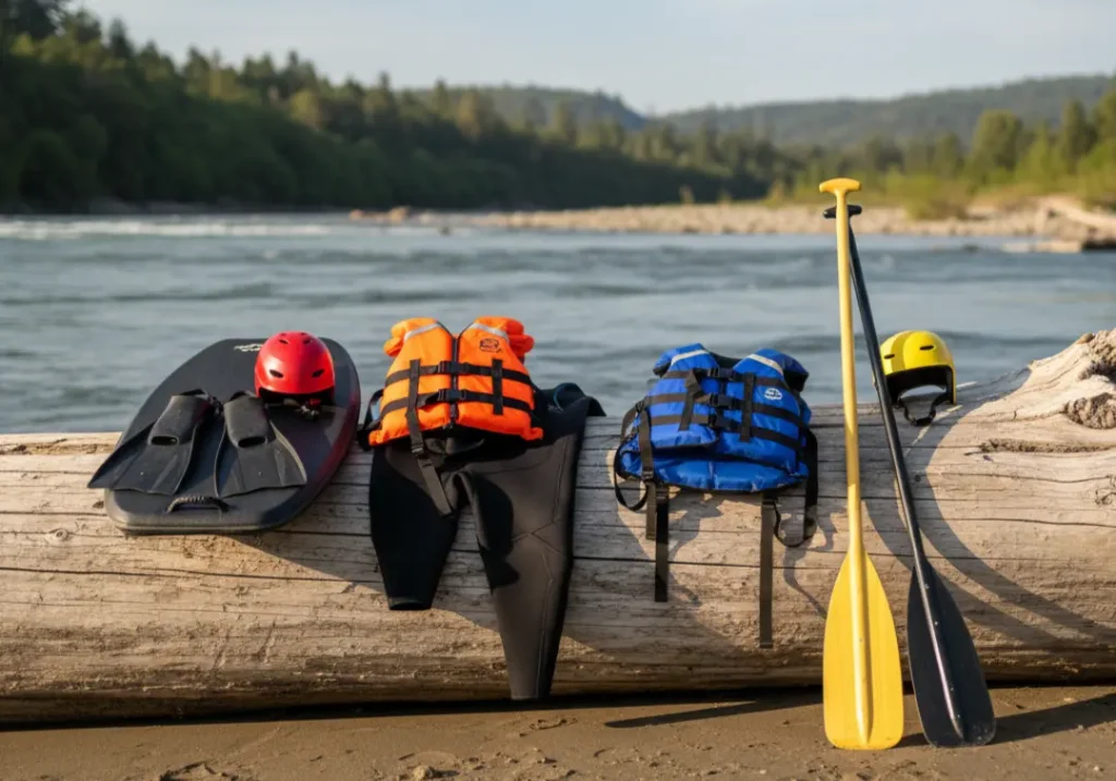 A side-by-side comparison of riverboarding gear and rafting gear laid out on a large piece of driftwood on a riverbank.