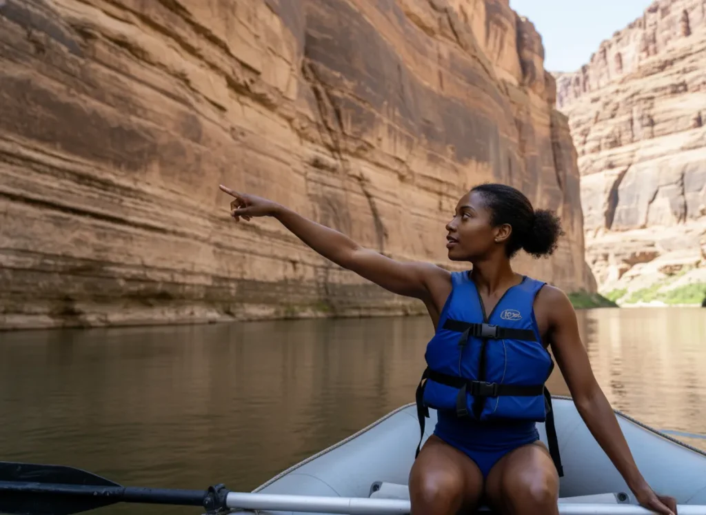 An Afro-American woman on a raft points at the distinct sedimentary rock layers of a canyon wall, interpreting its geological story.