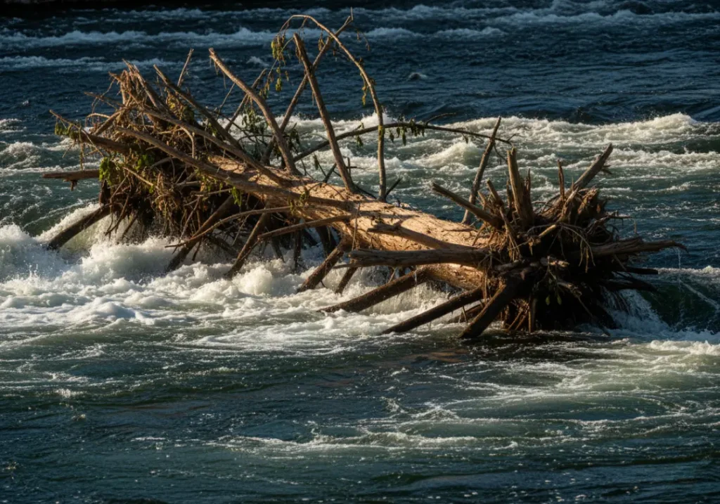 A dangerous strainer hazard in a river, with powerful water flowing through a fallen tree, representing a worst-case rafting scenario.