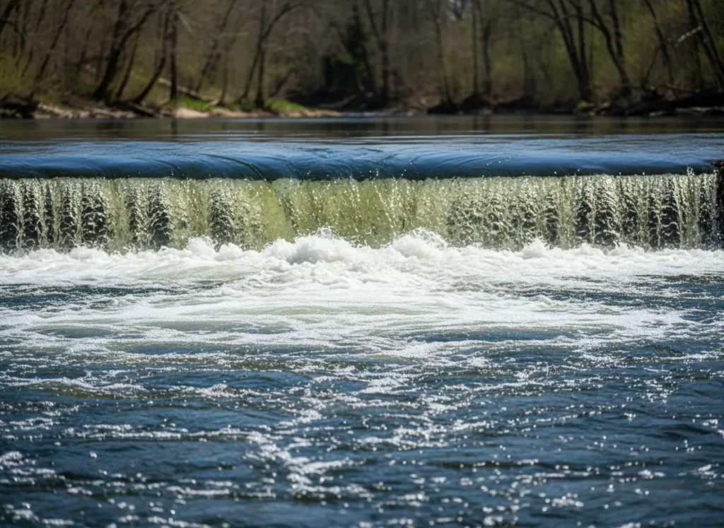 A powerful and dangerous keeper hole hydraulic churns in a river, showing the recirculating backwash and downstream boil line.