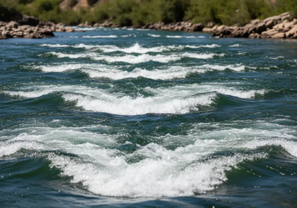 A clear view of a series of standing waves, known as a wave train, in a whitewater rapid.