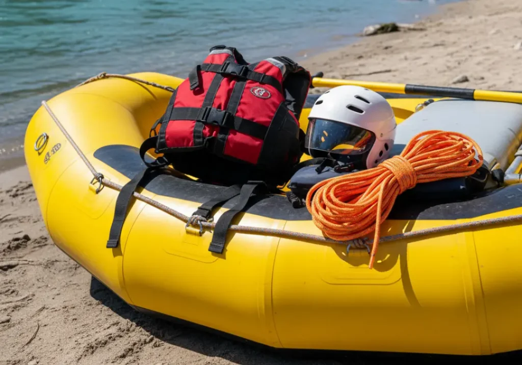 Essential whitewater rafting safety gear, including a PFD, helmet, and throw bag, arranged on the side of a raft.