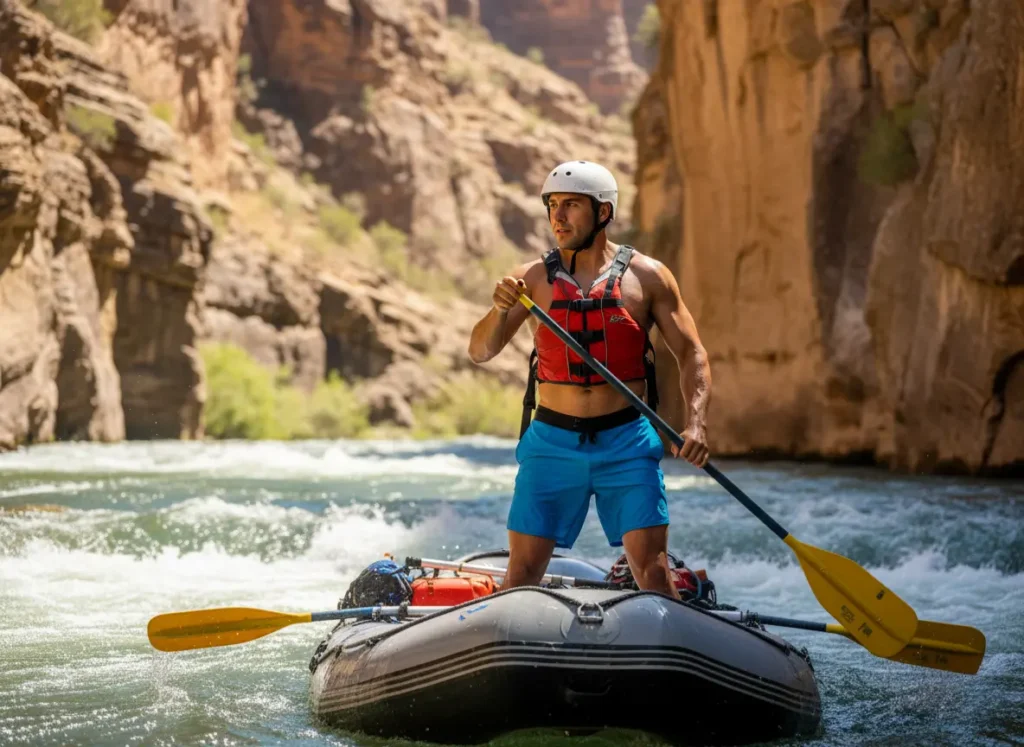 A confident male river guide with a muscular physique looking downstream from his raft, embodying a calm and focused mindset.