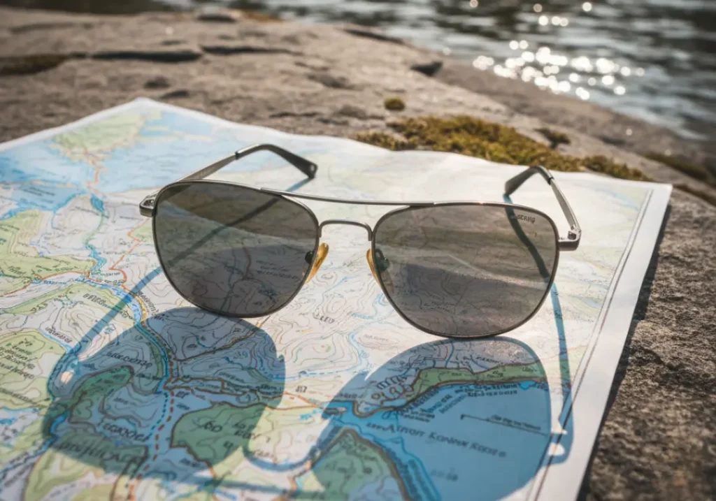 A pair of polarized sunglasses resting on a detailed river map next to the water, symbolizing the concept of a "rafter's lens."