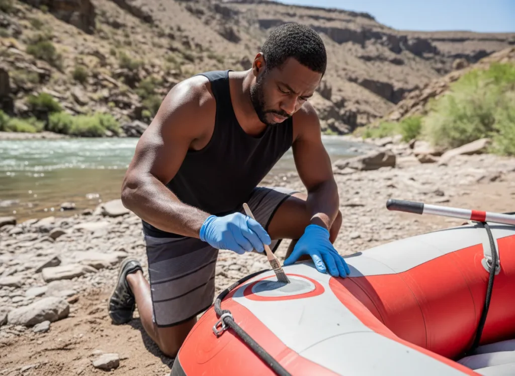 A man carefully applies adhesive to a Hypalon raft during a step-by-step permanent repair process.