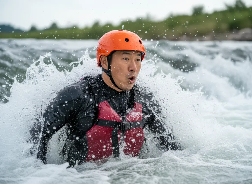 A male swimmer in a life vest and helmet takes a deep breath just before being pulled under by a powerful whitewater hydraulic.