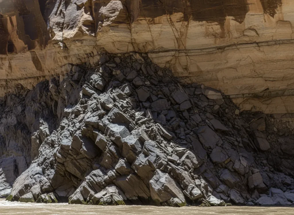 A detailed view of contorted and squeezed rock layers at the base of Cataract Canyon, showing the geologic evidence of its unstable foundation.