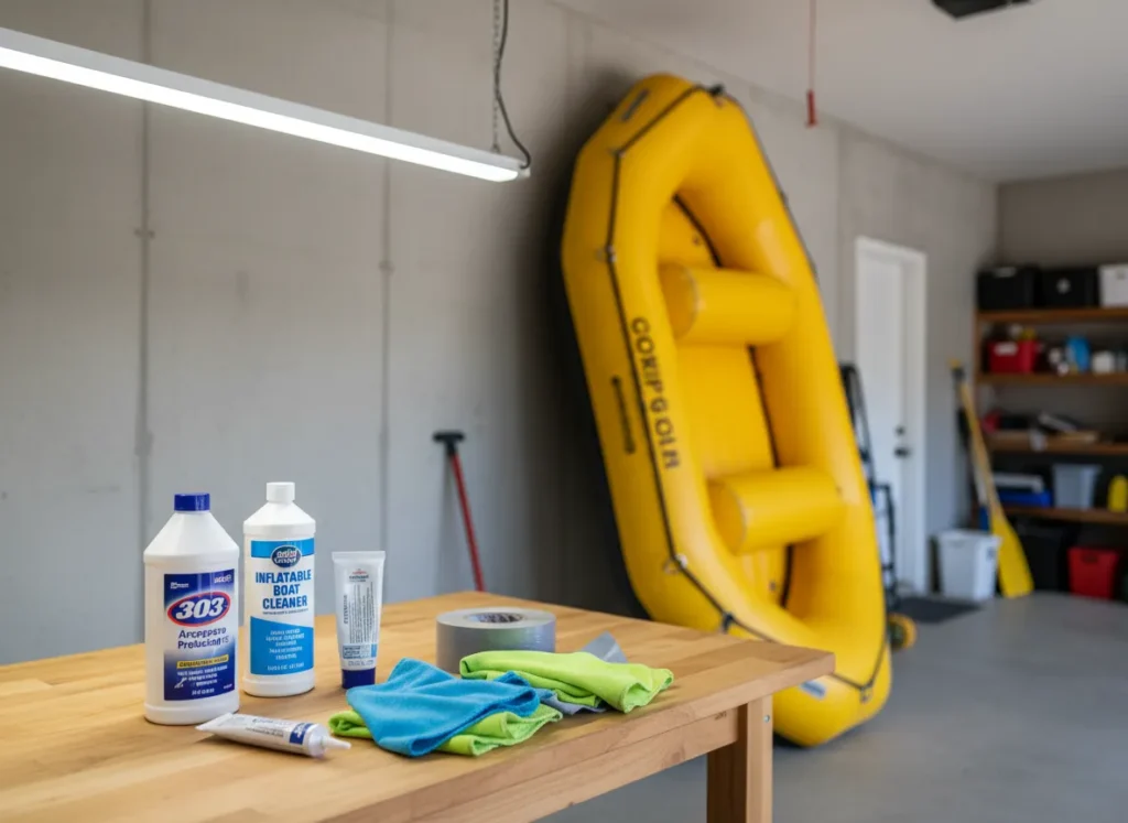 A collection of raft maintenance supplies, including cleaner and UV protectant, neatly organized on a workbench in a garage.