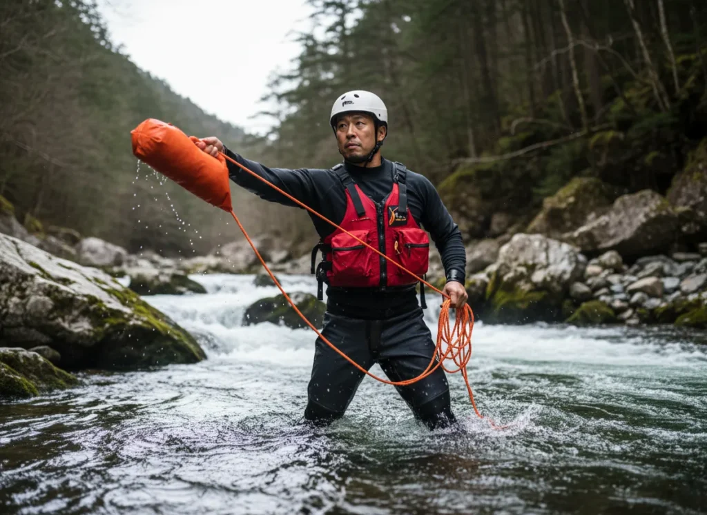 A professional male guide in full rescue gear performs a swiftwater rescue throw bag technique from the edge of a turbulent river.