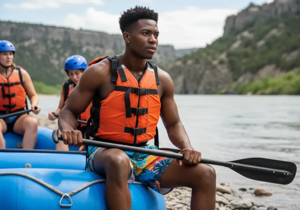 A handsome and athletic Black man listens carefully to a pre-trip safety briefing before a whitewater rafting trip.