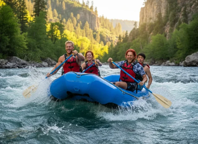 when-to-raft-a-pros-guide-to-seasons-and-water-levels Three athletic rafters with joyful expressions paddle a blue raft through exciting whitewater in a scenic green canyon.