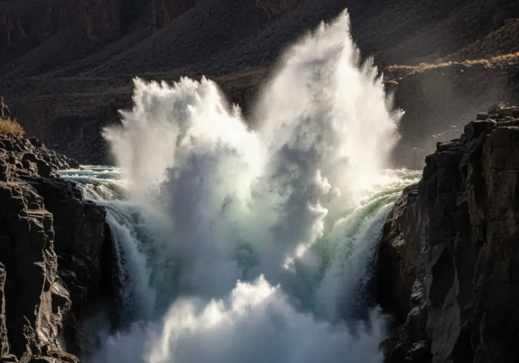A dramatic, close-up view of the immense and violent waves of a legendary and challenging whitewater rapid in North America.