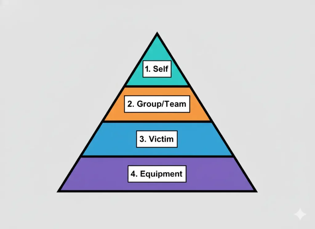 An infographic diagram of the River Rescue Priority Pyramid. The pyramid has four tiers, labeled from top to bottom in order of priority: 1. Self, 2. Group/Team, 3. Victim, and 4. Equipment.