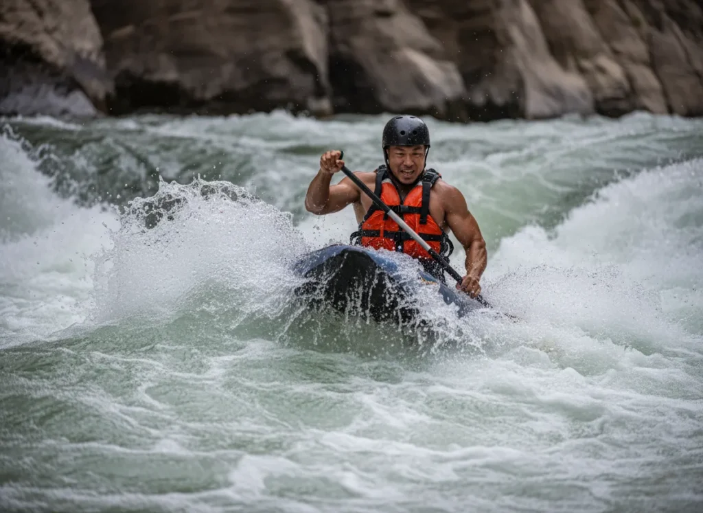 A male kayaker in his mid-30s battles through a huge, powerful rapid, showcasing the legendary whitewater of Cataract Canyon.