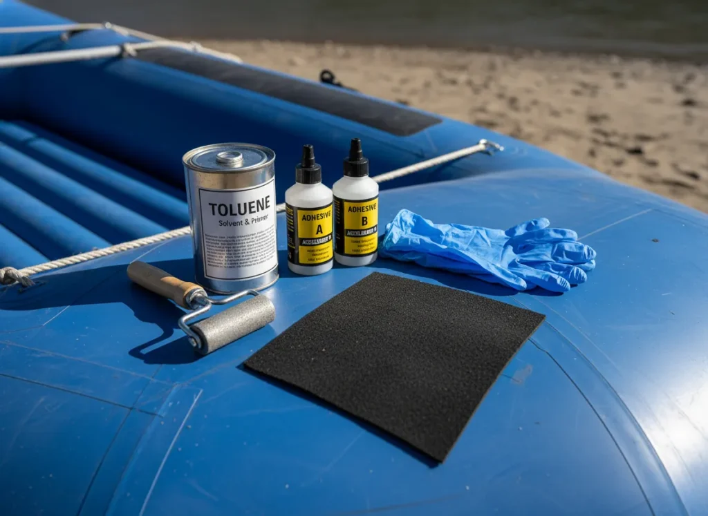 A professional Hypalon repair kit with adhesive, solvent, and tools laid out on the surface of a raft.