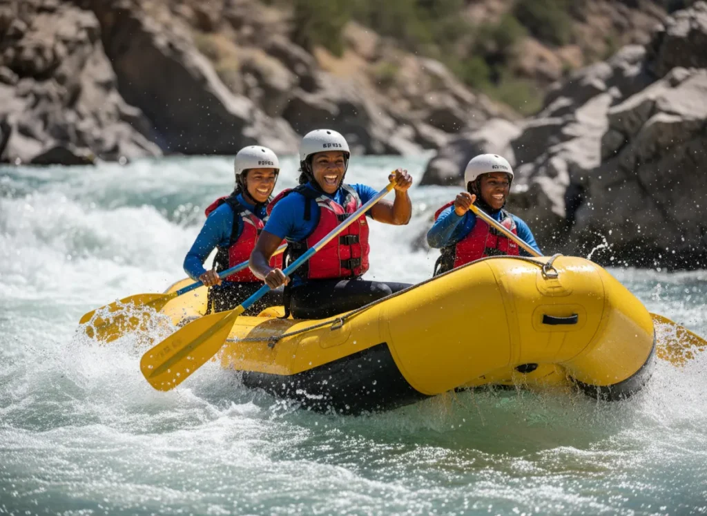An athletic woman confidently paddling a whitewater raft through river rapids, smiling joyfully.